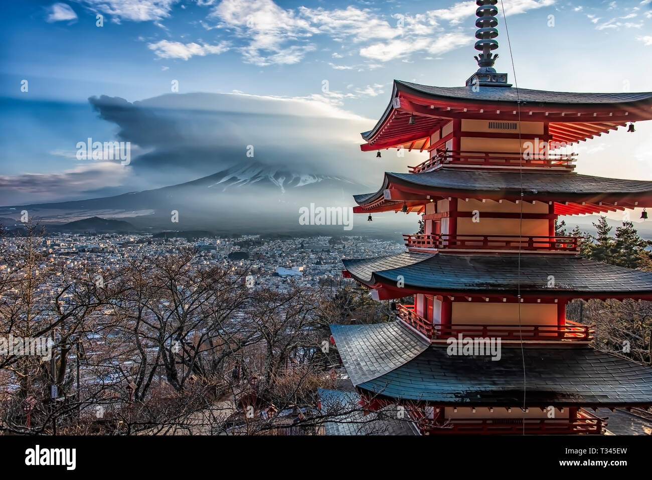 Famous Place of Japan with Chureito pagoda and Mount Fuji at sunset Stock Photo