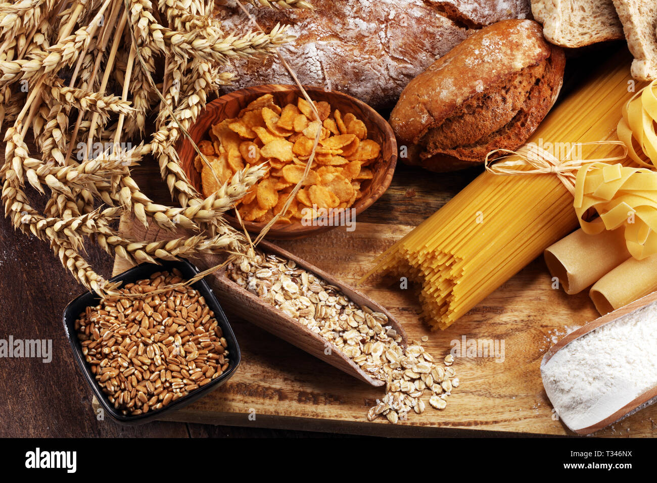 whole grain products with complex carbohydrates on rustic table Stock Photo Alamy