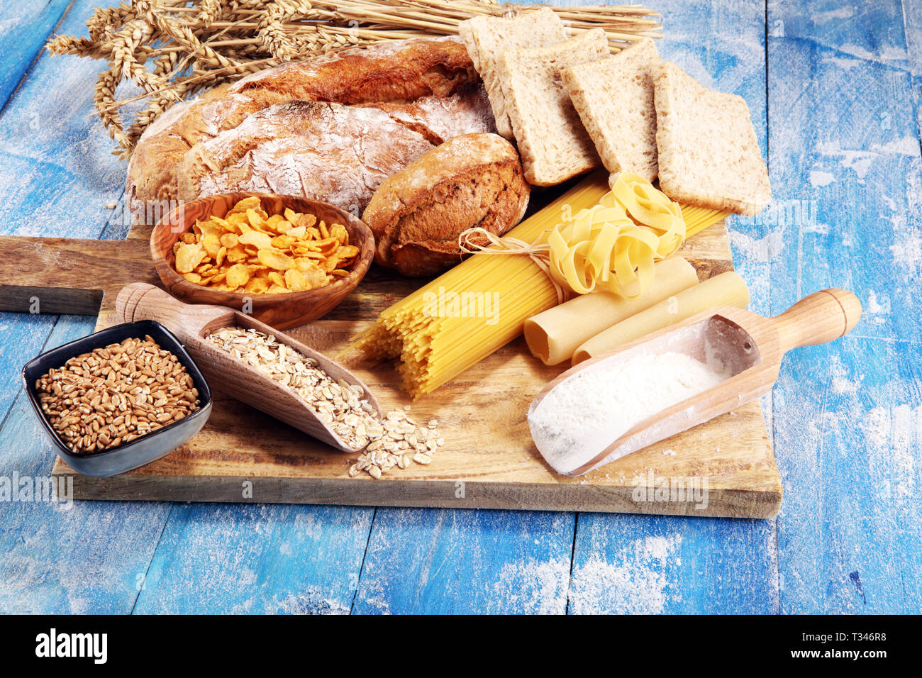 whole grain products with complex carbohydrates on rustic table Stock