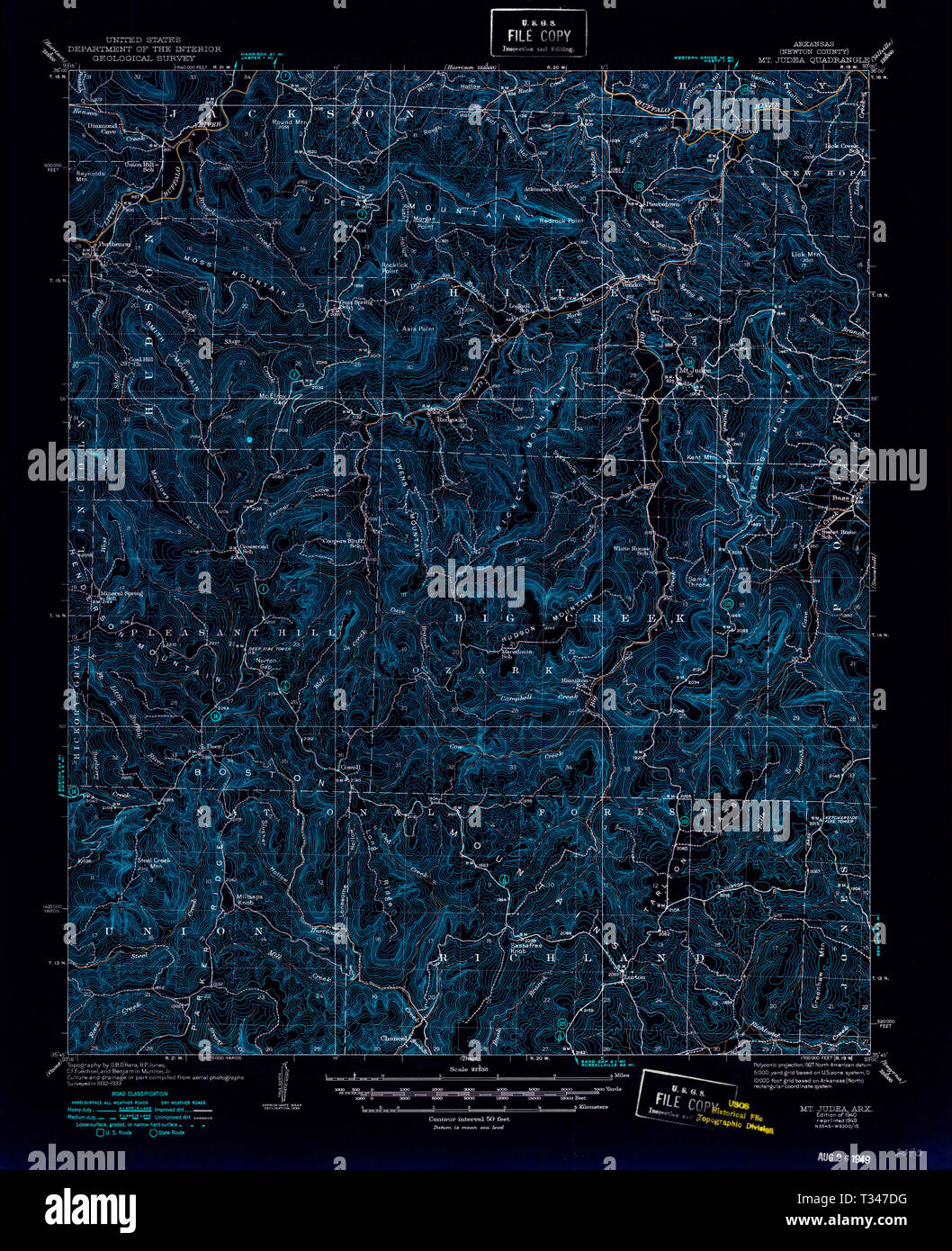 USGS TOPO Map Arkansas AR Mt Judea 260216 1940 62500 Inverted Restoration Stock Photo