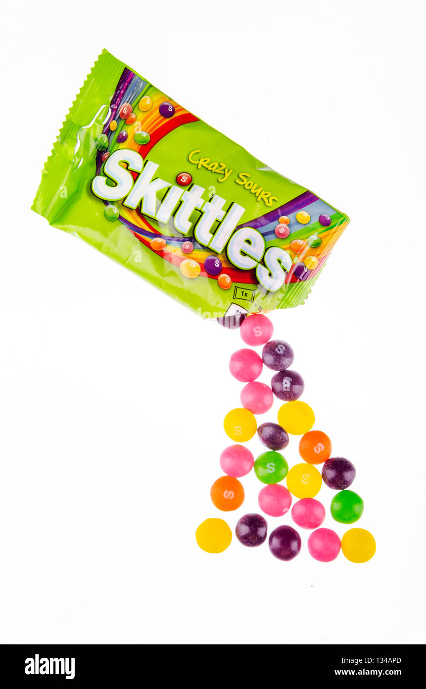 Skittles fruitflavoured candies isolated on white background Stock