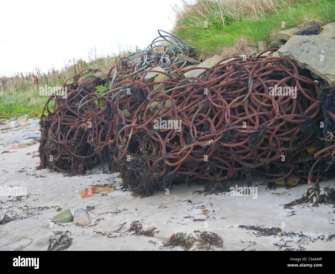 World War 2 anti submarine nets near Evie on the shore of Eynhallow Sound, Orkney, Scotland UK. Stock Photo