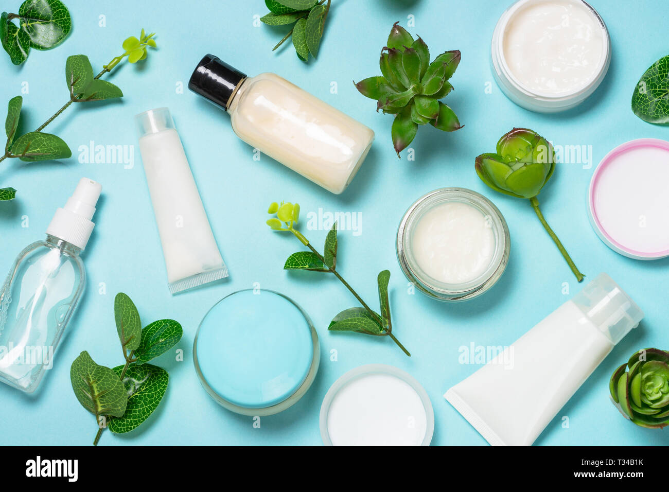 Facial cosmetics, Skin care product flat lay. Stock Photo