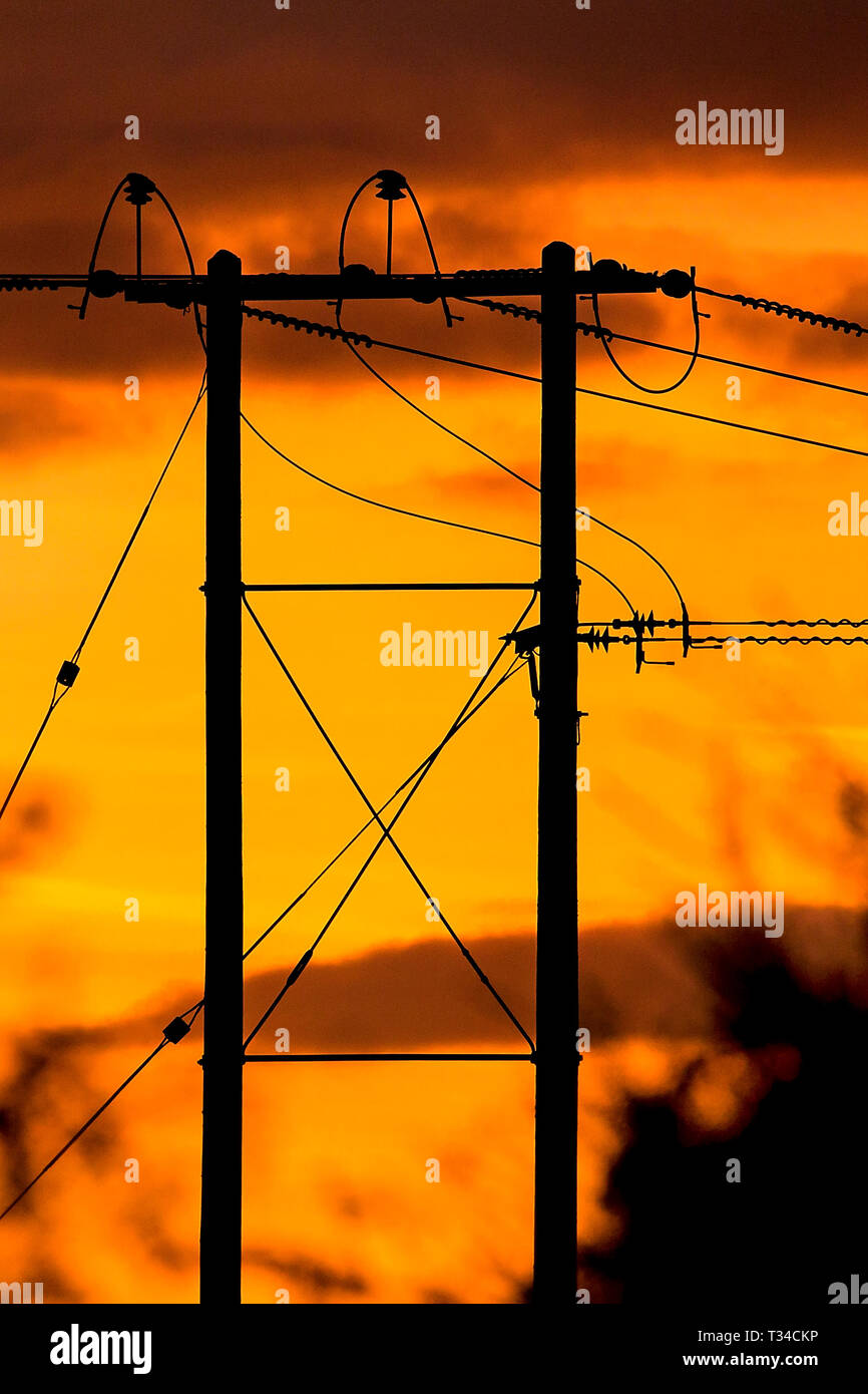 A countryside 11kV double pylon against a sunset / sunrise, representing power distribution,or dawn of a new era. Stock Photo