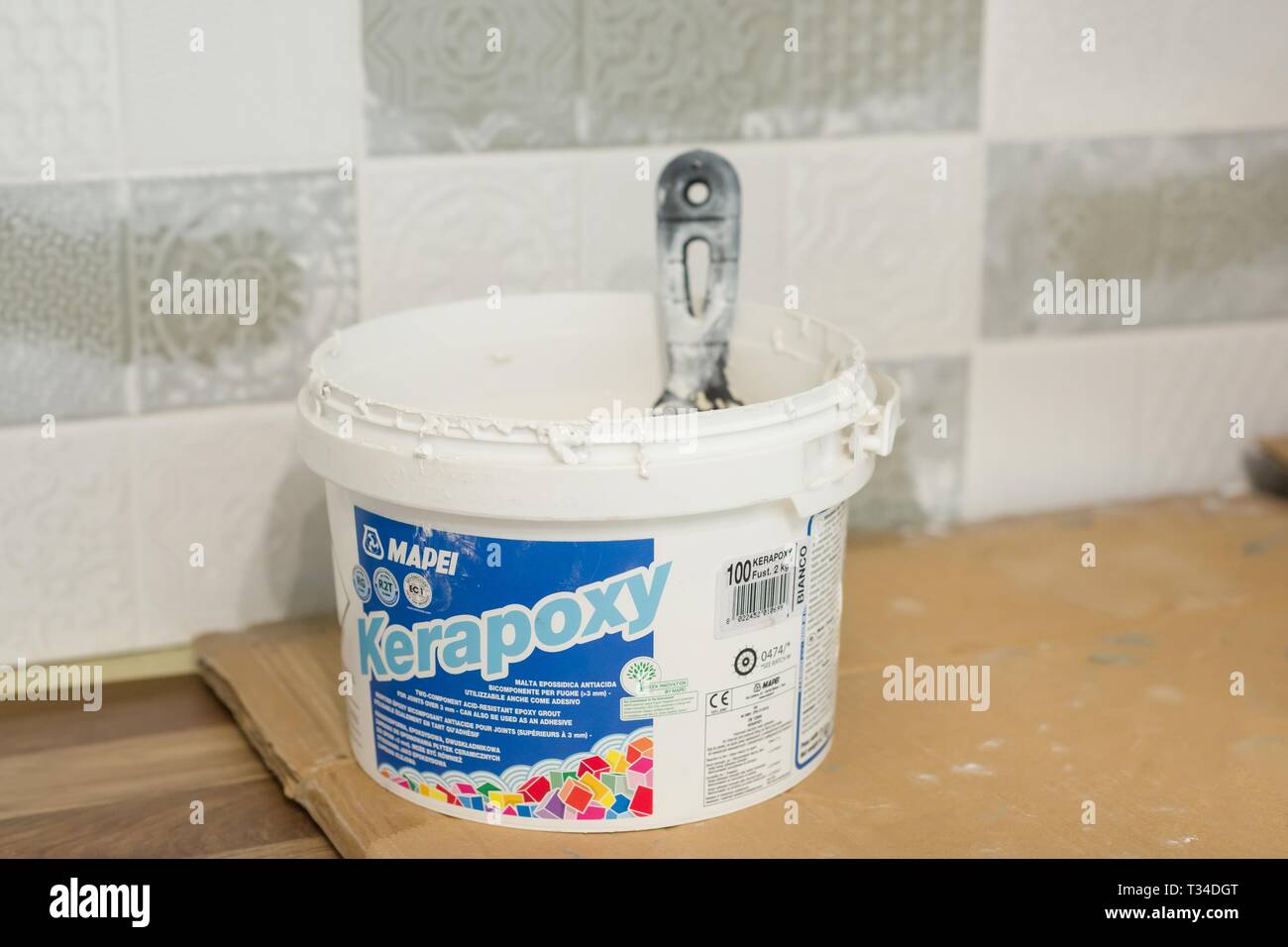 Kyiv, UA, 15032019. Bucket of mapei kerapoxy