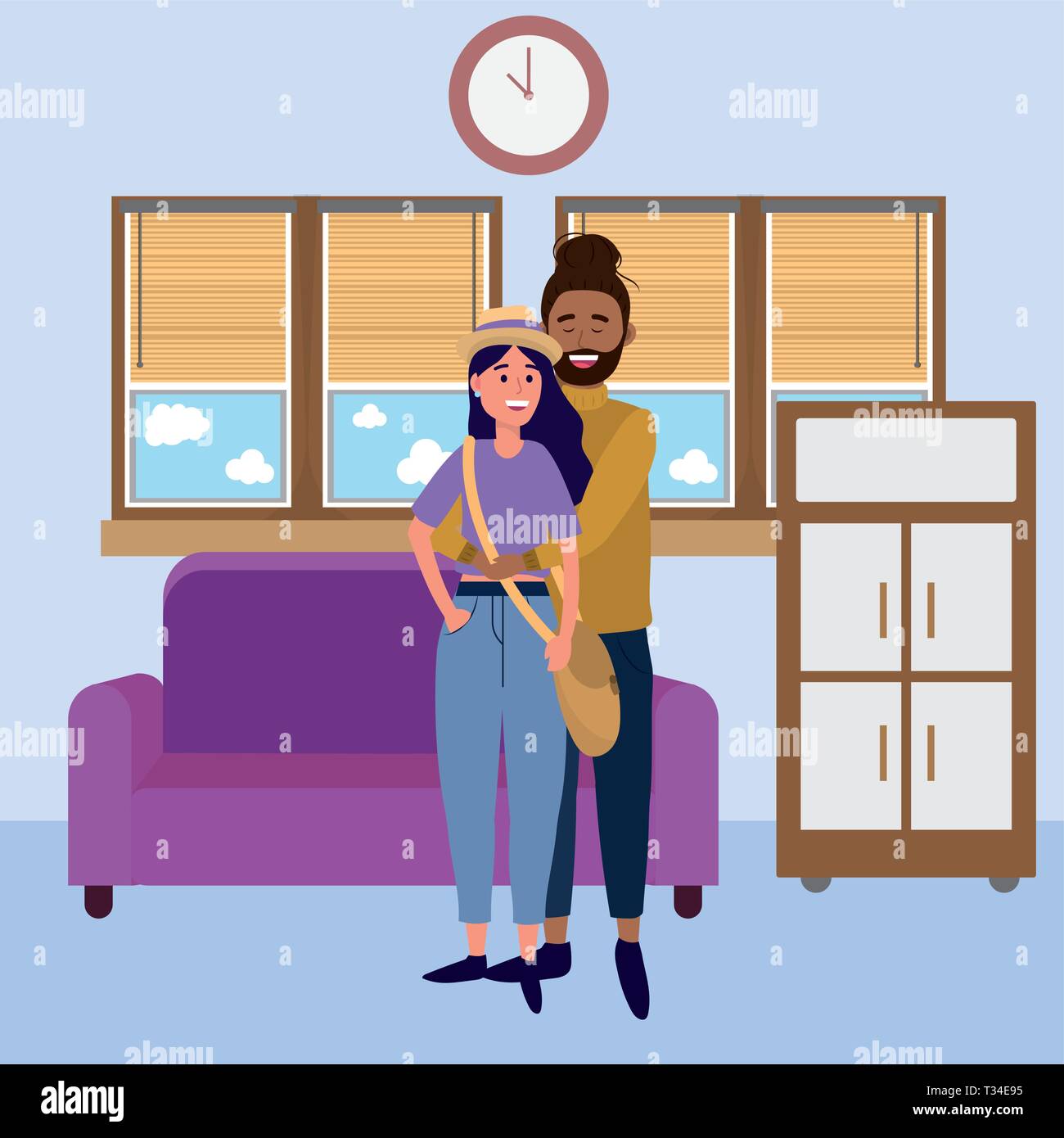 Young People Friends Couple Enjoying At House Room With Furniture