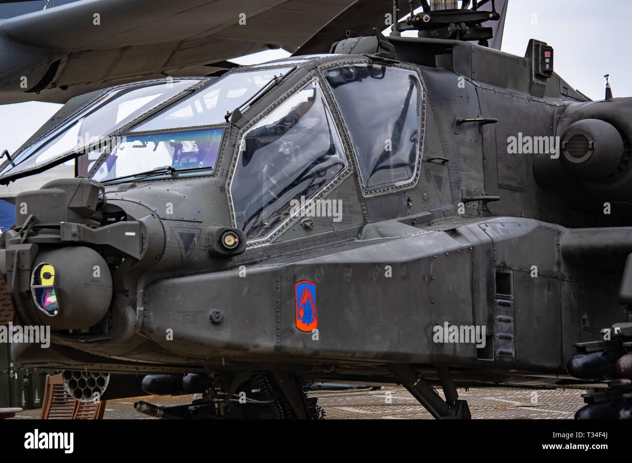 An Apache attack helicopter on static display at Farnborough air show 2018 Stock Photo