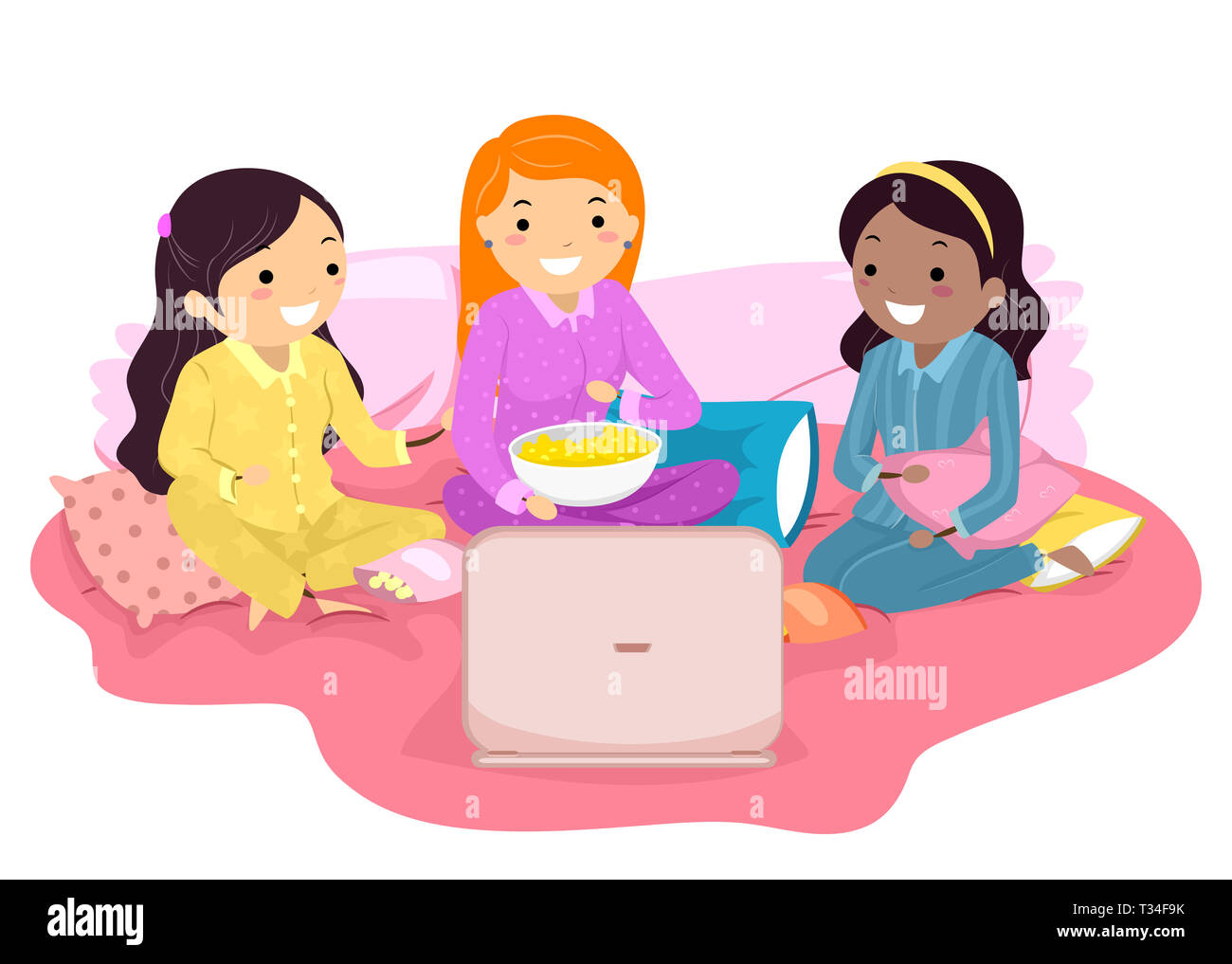 Illustration of Stickman Teens Wearing Pajamas on Bed Watching a Show or Movie on Laptop Stock Photo