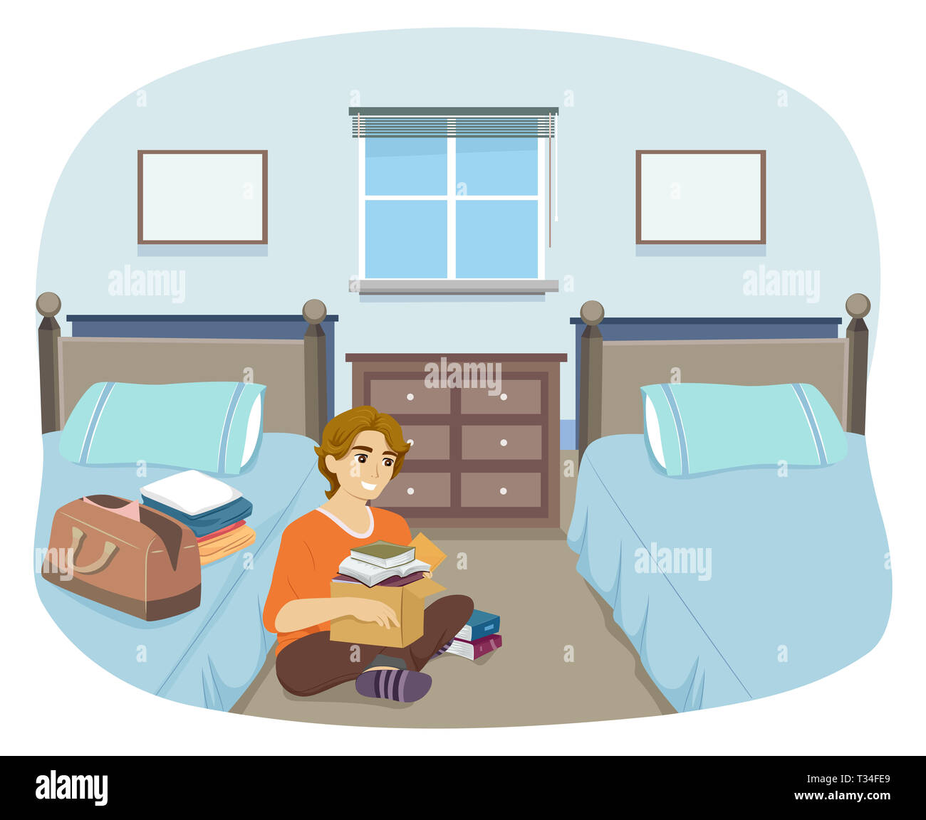 Illustration of a Teenage Guy Unpacking Books and Clothes in His Dorm Room Stock Photo