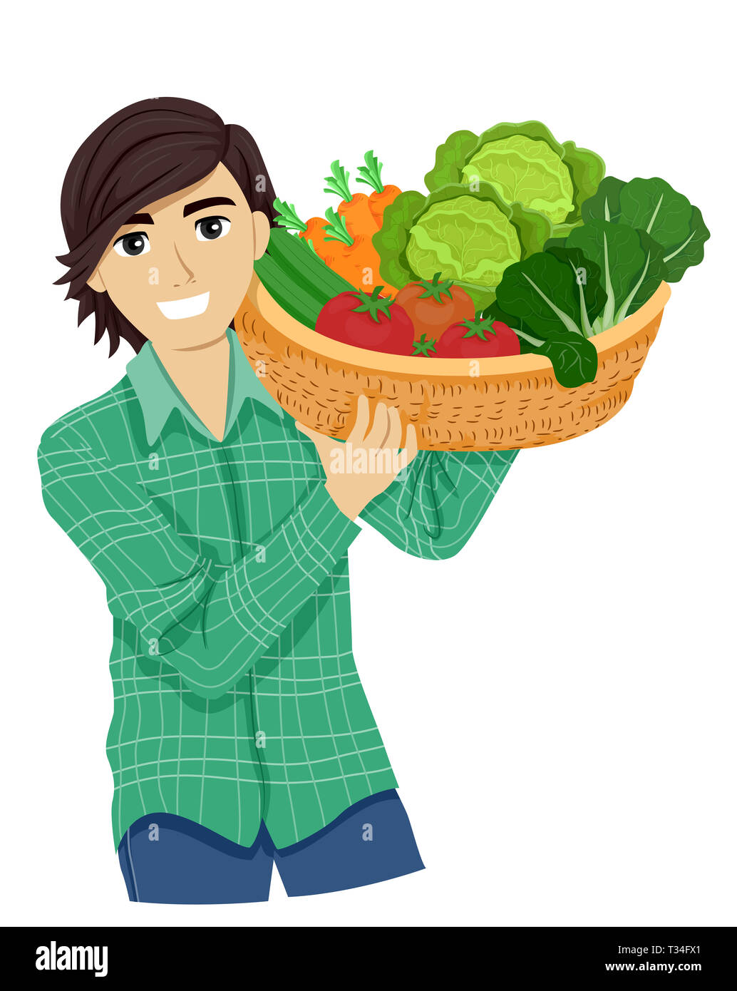 Illustration of a Teenage Guy Holding a Basket Full of Freshly Harvested Vegetables Stock Photo