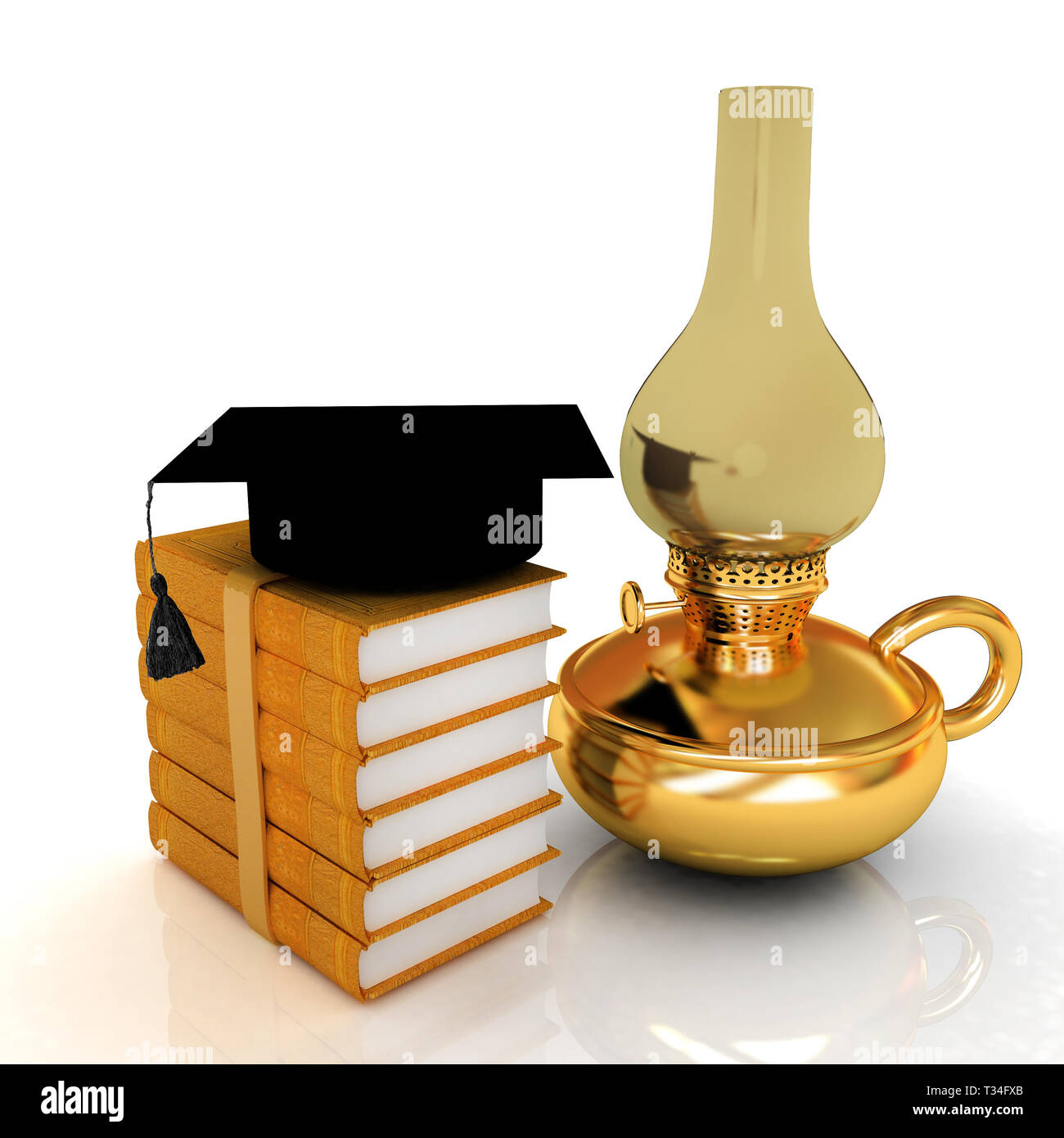 Leather books, kerosene lamp and graduation hat. 3d render Stock Photo