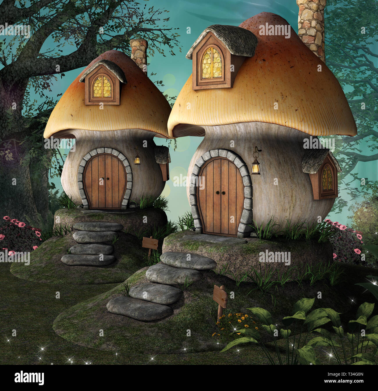 Elf houses in the shape of mushrooms Stock Photo