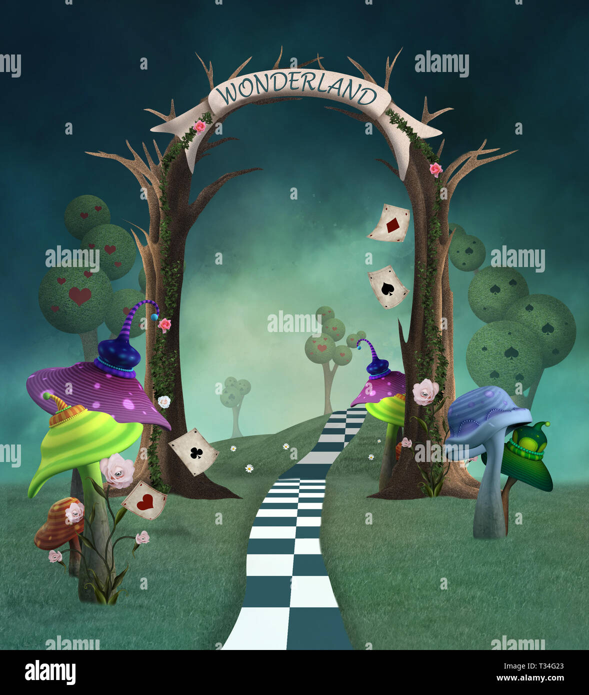 Fantasy Landscape With Trellis Mushrooms And Welcome Banner Stock