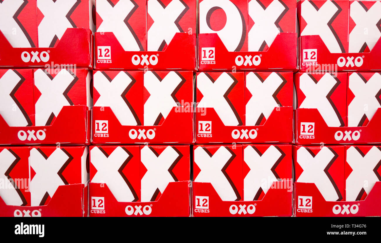 OXO stock cubes boxes and packaging on a supermarket shelf in the UK Stock Photo
