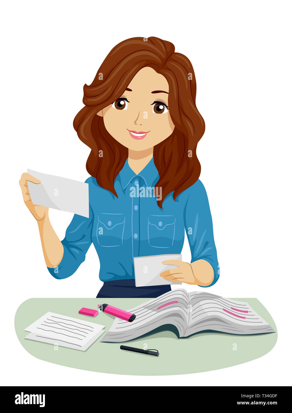 Illustration of a Teenage Girl Holding Flash Cards with Books and Markers  Studying Stock Photo - Alamy