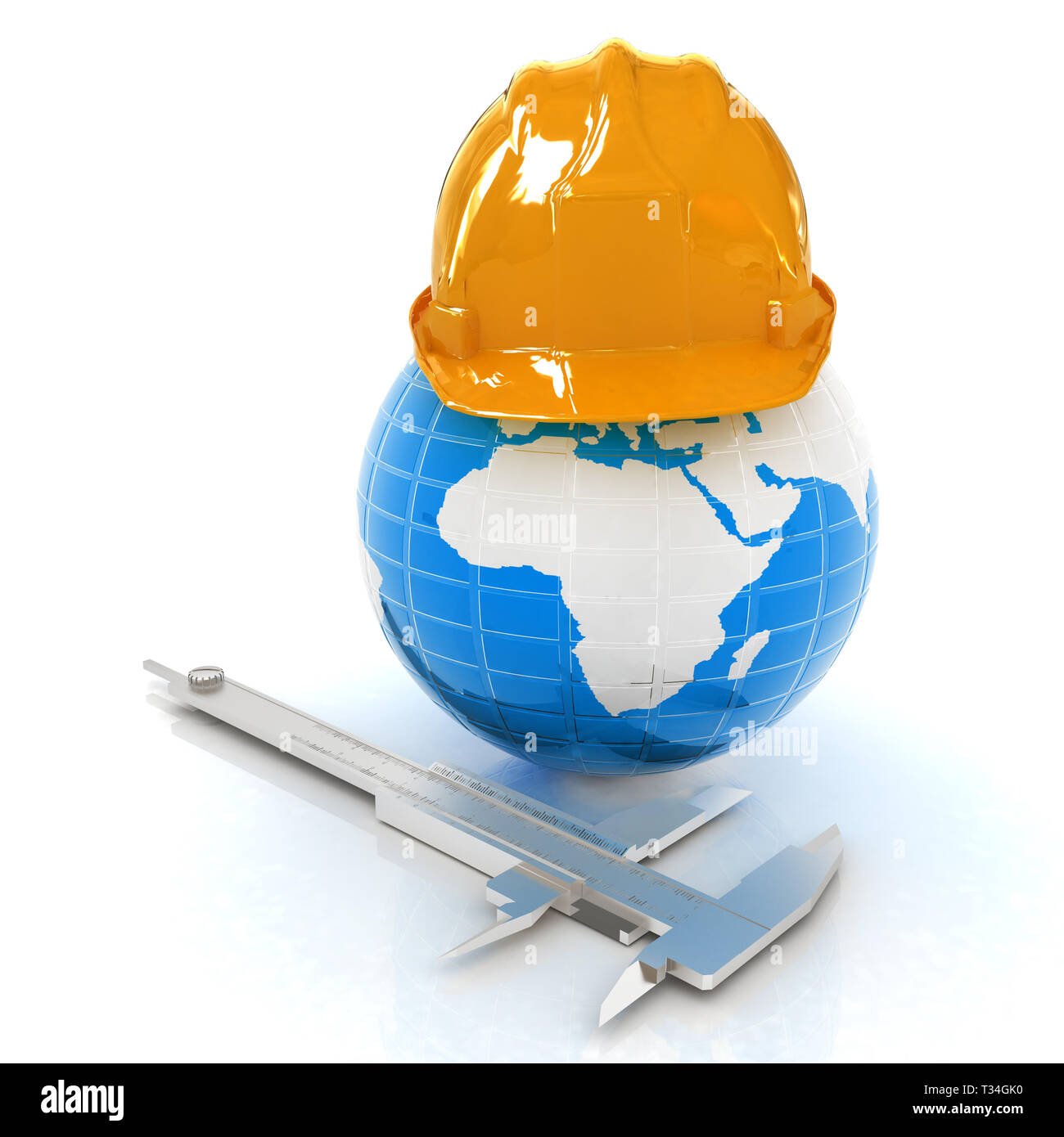 Hard hat on Earth and caliper. 3d render Stock Photo Alamy