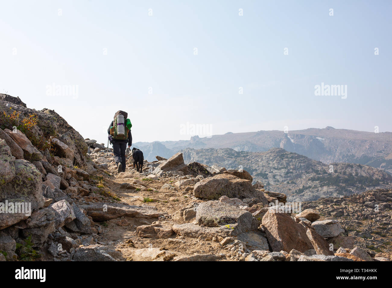 Hiker and his dog walking up a mountain trail, United States Stock Photo
