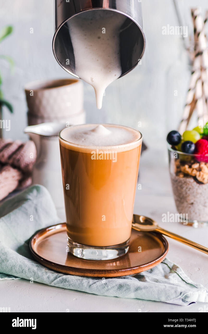Latte coffee drink and chia pudding Stock Photo
