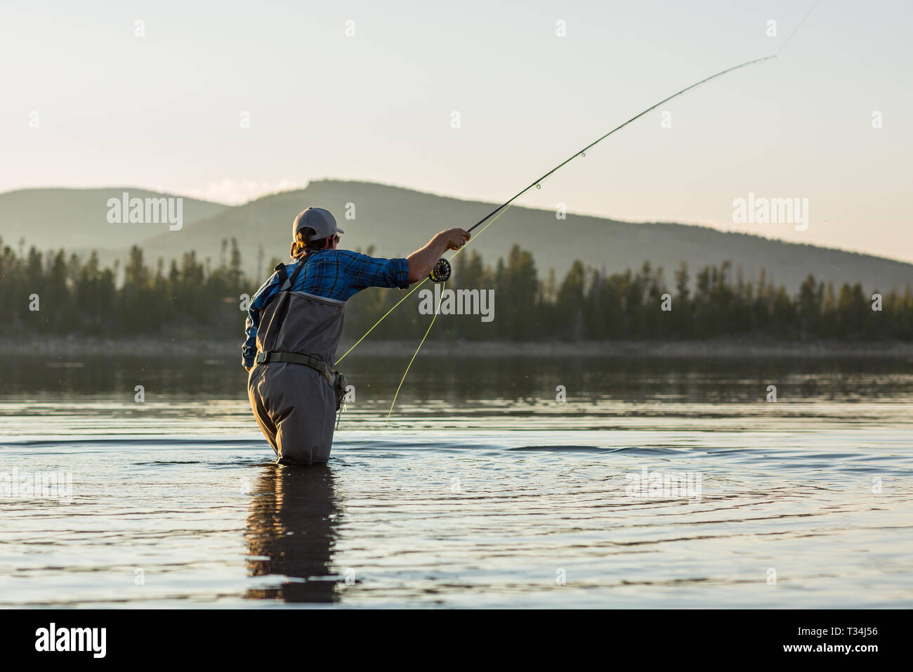 Man standing in river fly fishing, United States Stock Photo