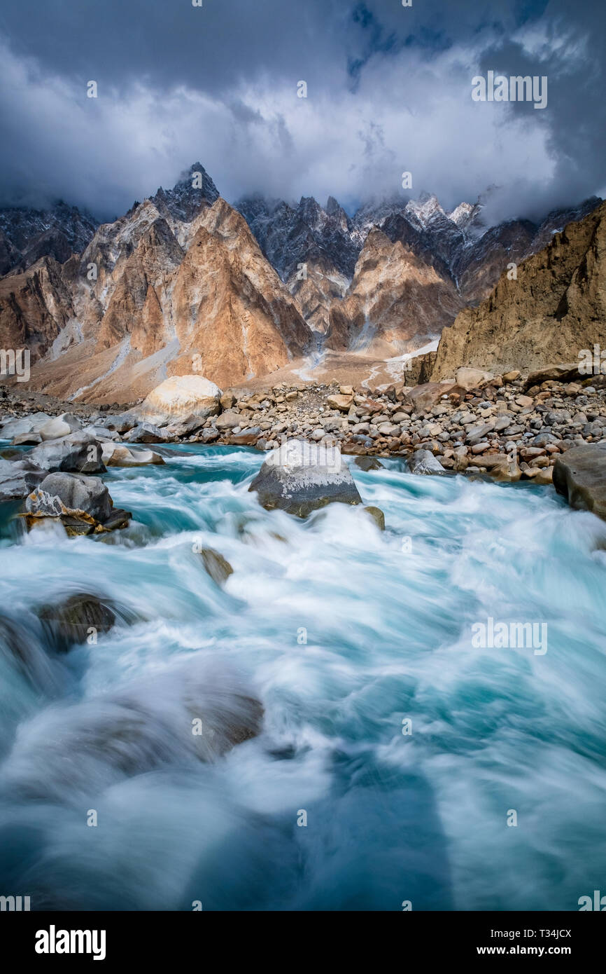 Hunza river and Passu Cones mountain, Hunza, Gilgit-Baltistan, Pakistan Stock Photo