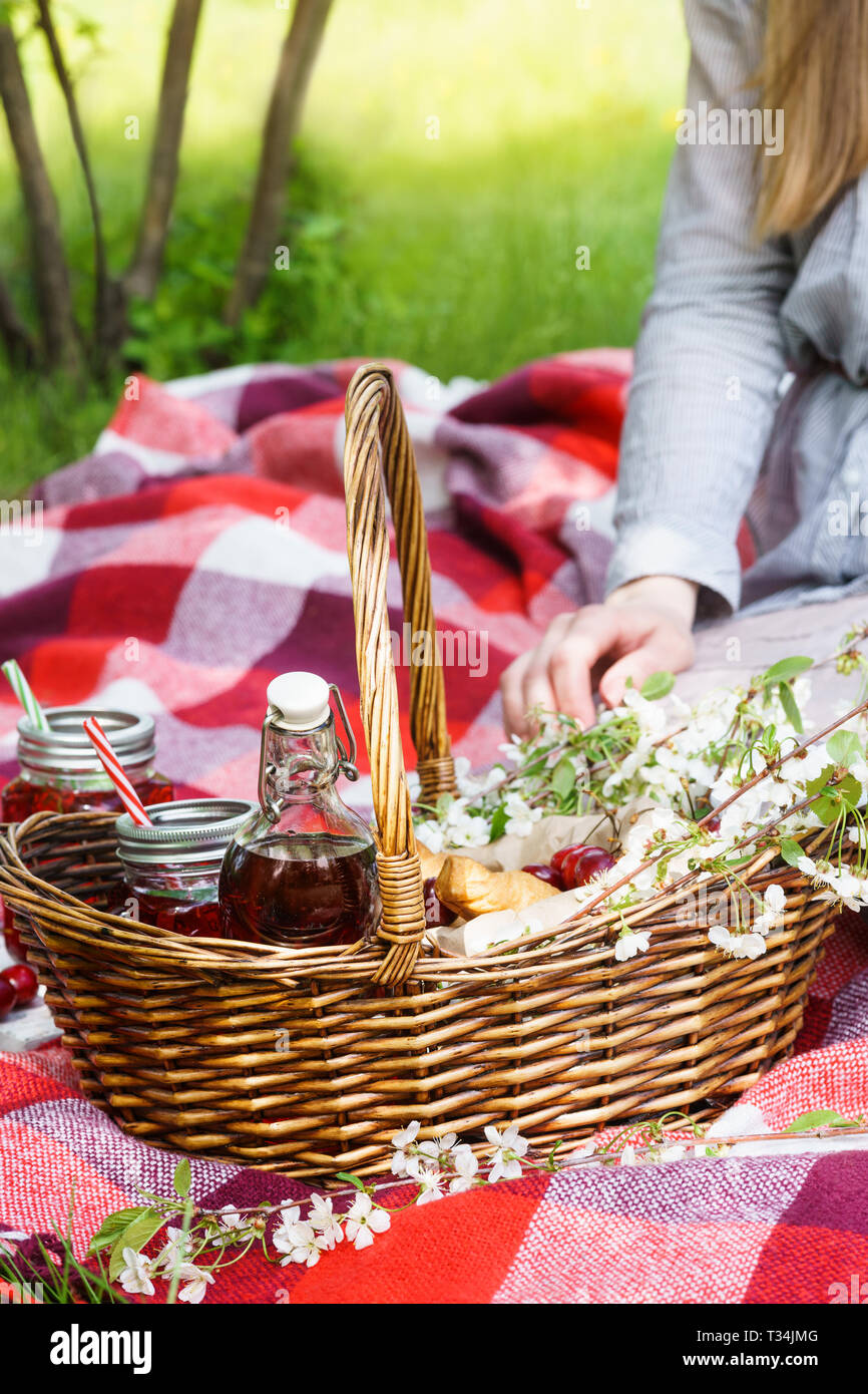 https://c8.alamy.com/comp/T34JMG/young-woman-sitting-on-red-blanket-next-to-picnic-basket-with-food-outdoor-picnic-concept-T34JMG.jpg