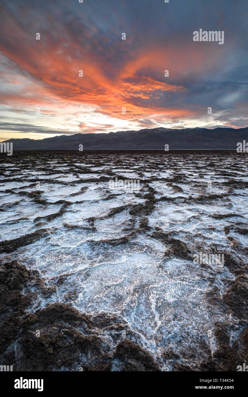 Sunset over Badwater Basin, Death Valley National Park, Inyo County, California, United States Stock Photo