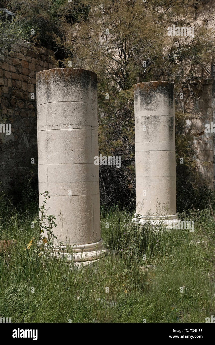 Columns at the site of the New Church of the Theotokos which was a church erected by the Byzantine Emperor Justinian I (527–565) sometimes referred to in English as The Nea Church located  east of Bab al-Nabi Daoud (Zion's Gate) in the Old city Jerusalem Israel Stock Photo