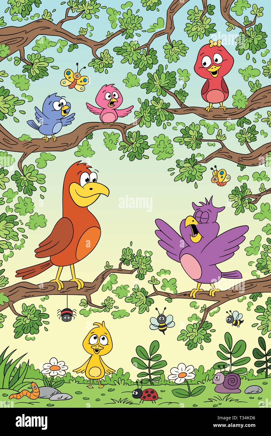 Funny birds in tree. Hand draw vector illustration with separate layers