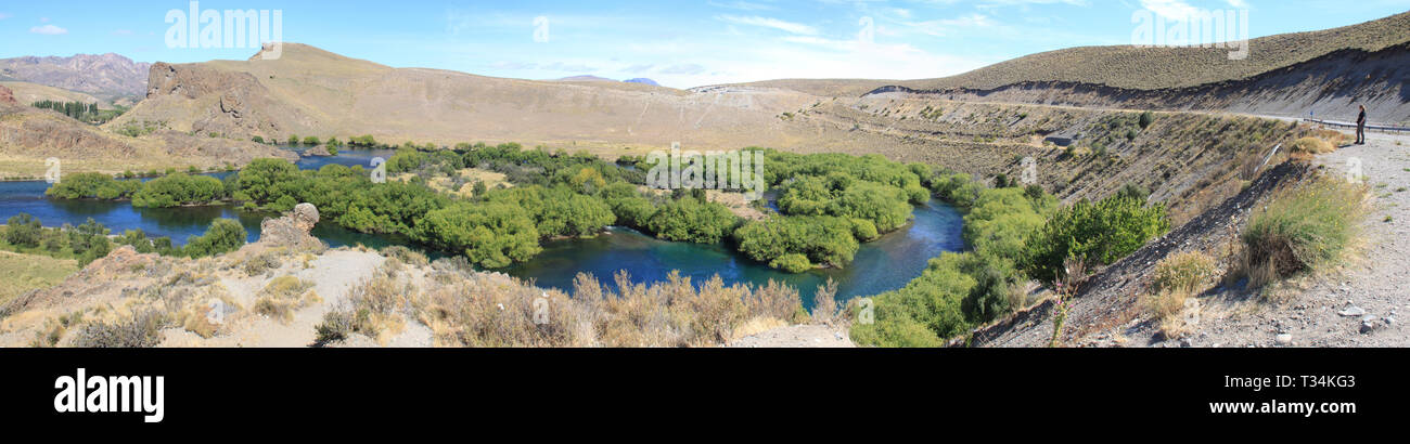 Limay river meandering through rural landscape, Neuquen province, Argentina Stock Photo