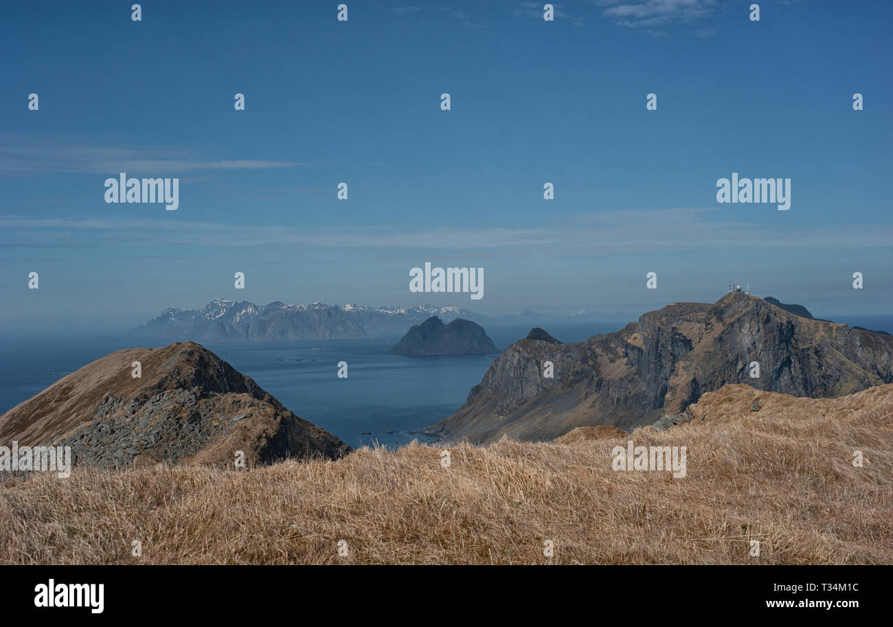 View of Mosken island from Mt Mastadfjellet, Vaeroy, Lofoten, Nordland, Norway Stock Photo