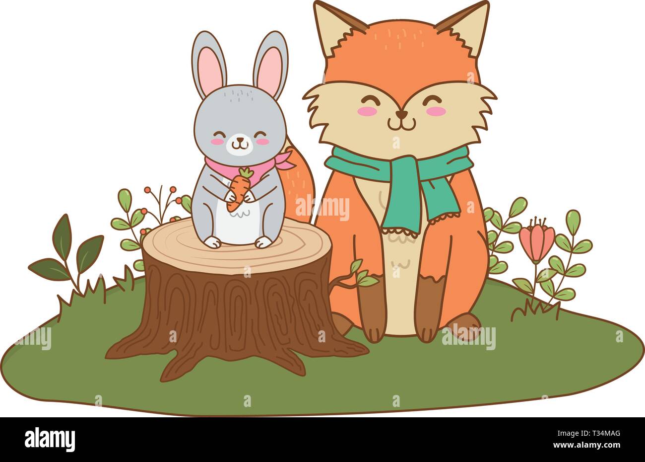 Fox Rabbit Cartoon cute fox and rabbit in the field woodland characters vector ...