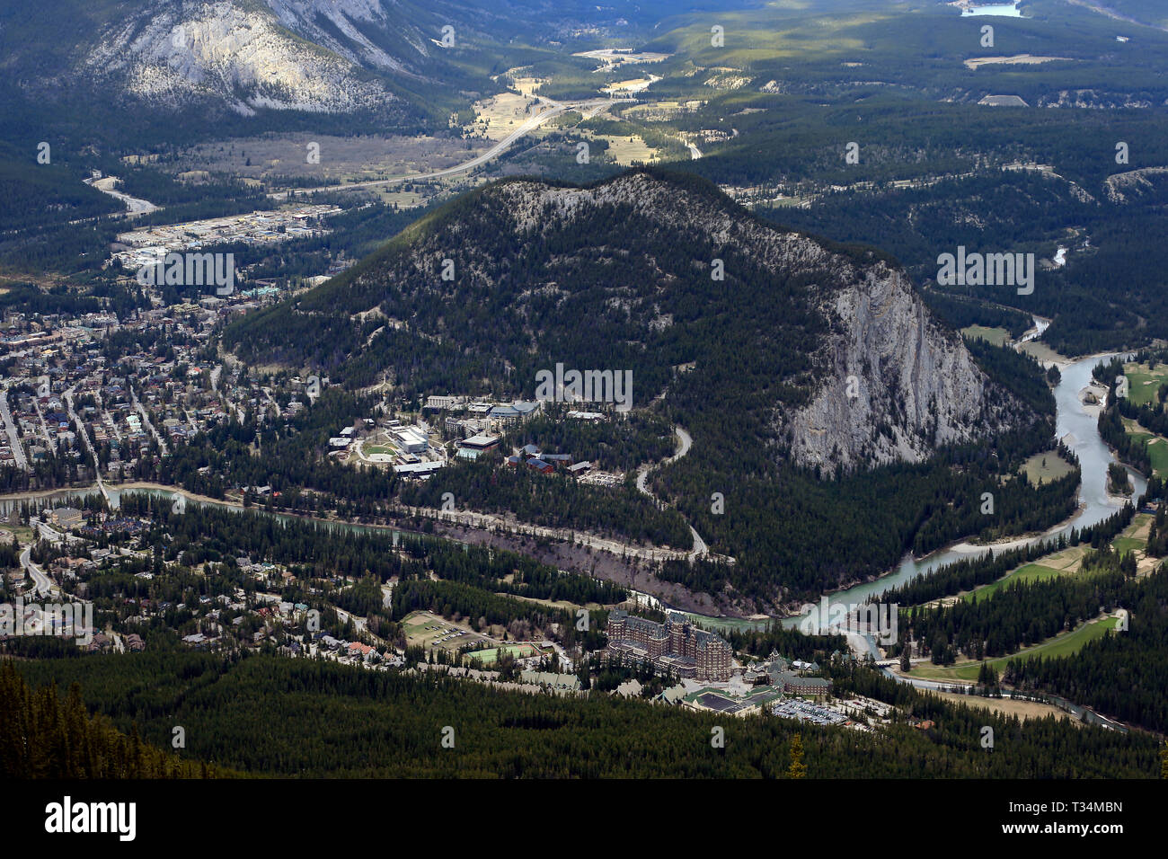 Aerial view of Banff, Banff National Park, Canadian Rockies, Alberta, Canada Stock Photo