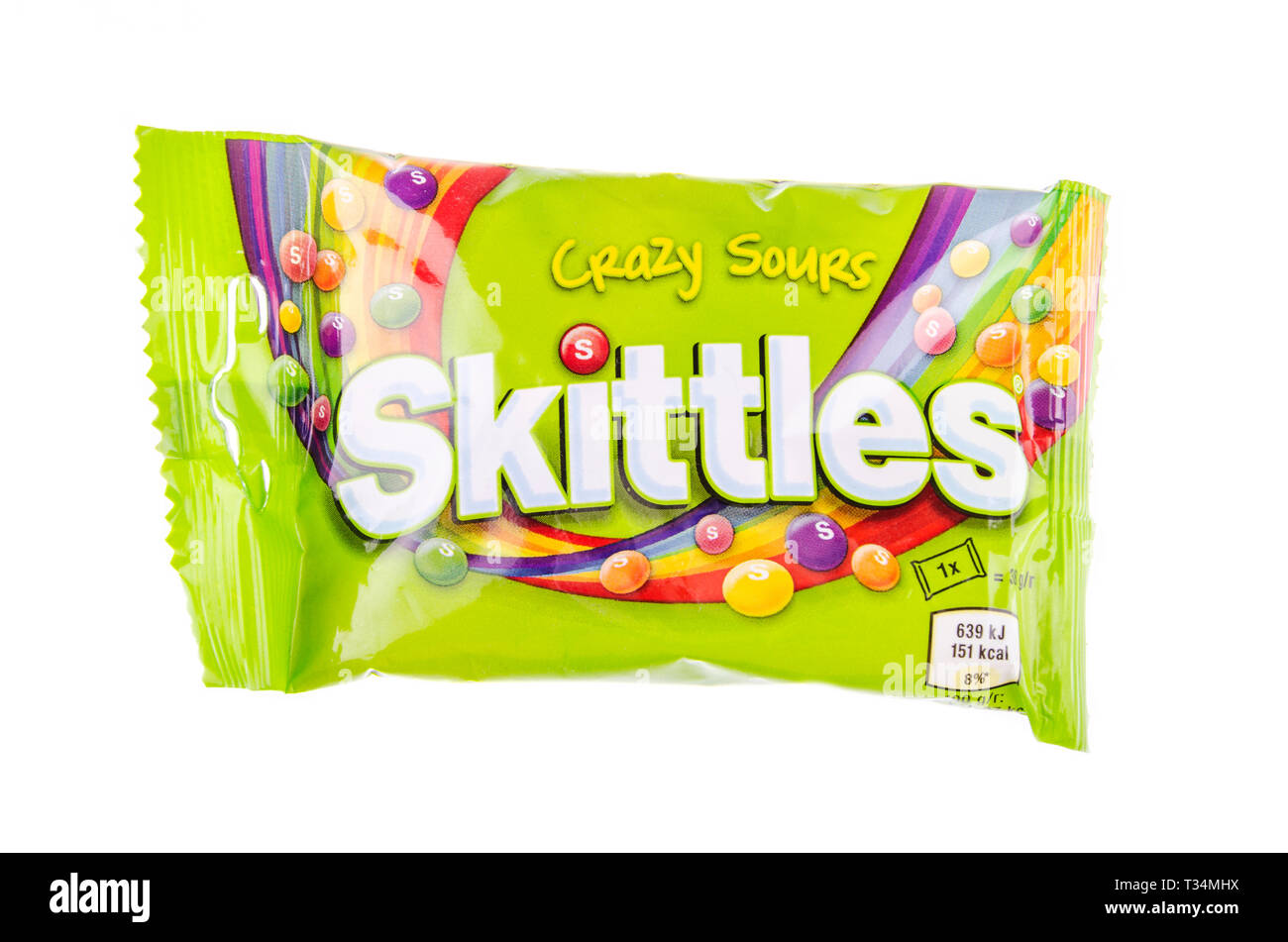 Skittles fruitflavoured candies isolated on white background Stock