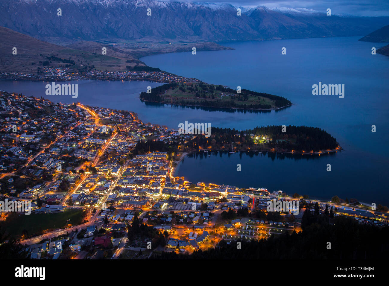 Aerial view of Queenstown and Lake Wakatipu, Otago region, South Island, New Zealand Stock Photo