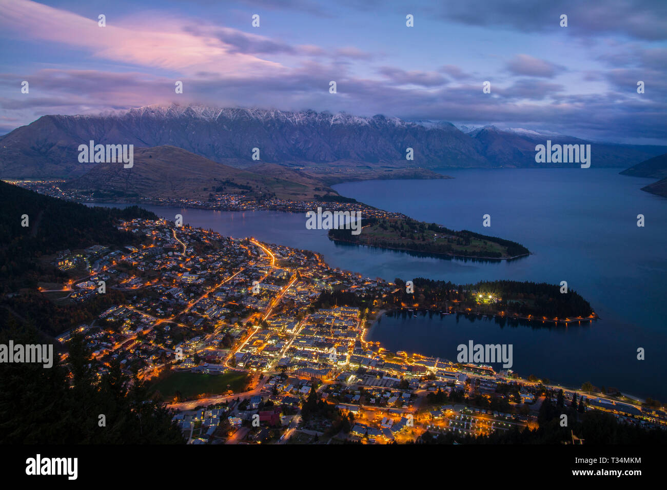 Aerial view of Queenstown and Lake Wakatipu, Otago region, South Island, New Zealand Stock Photo