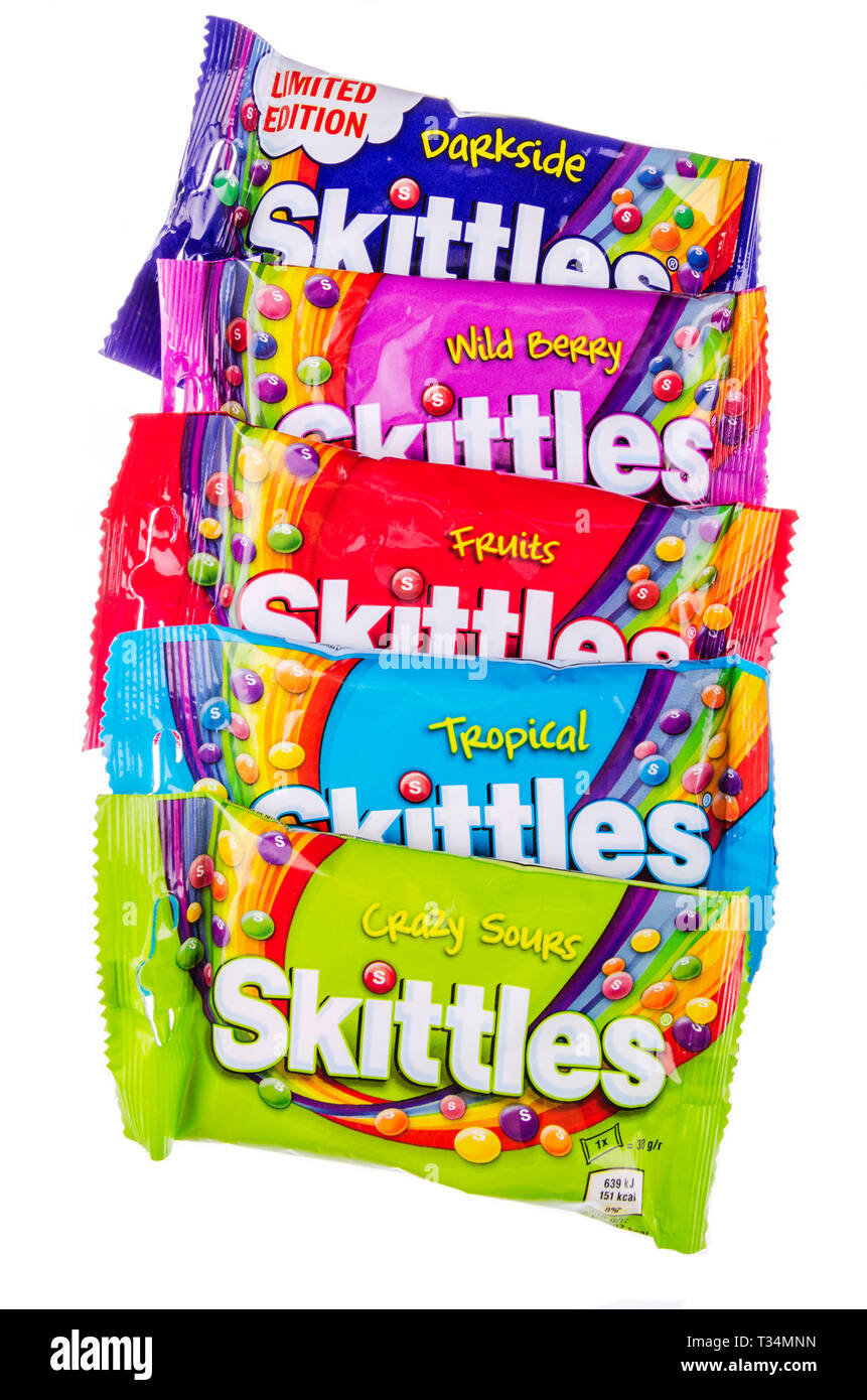 Skittles fruitflavoured candies isolated on white background Stock