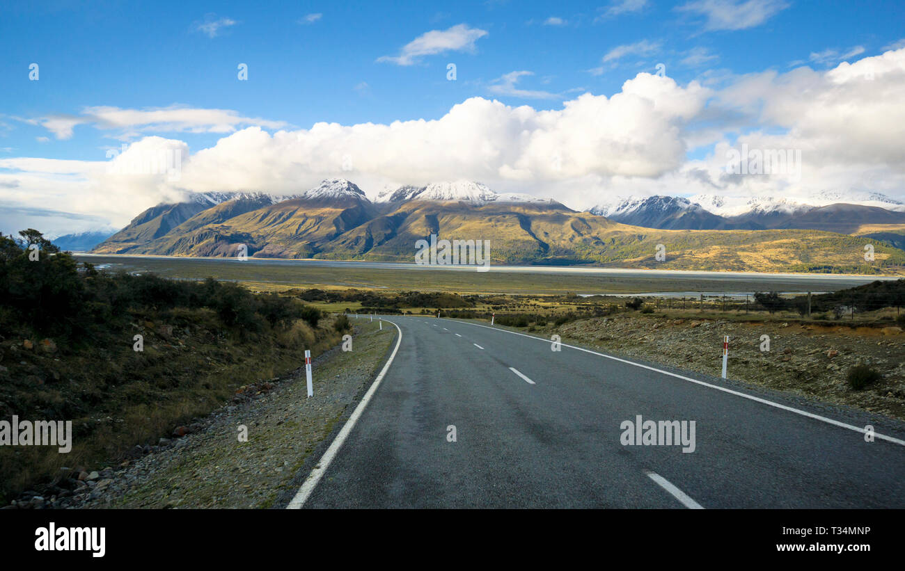 Road to Aoraki Mount Cook Village, Aoraki Mount Cook National Park, South Island, New Zealand Stock Photo