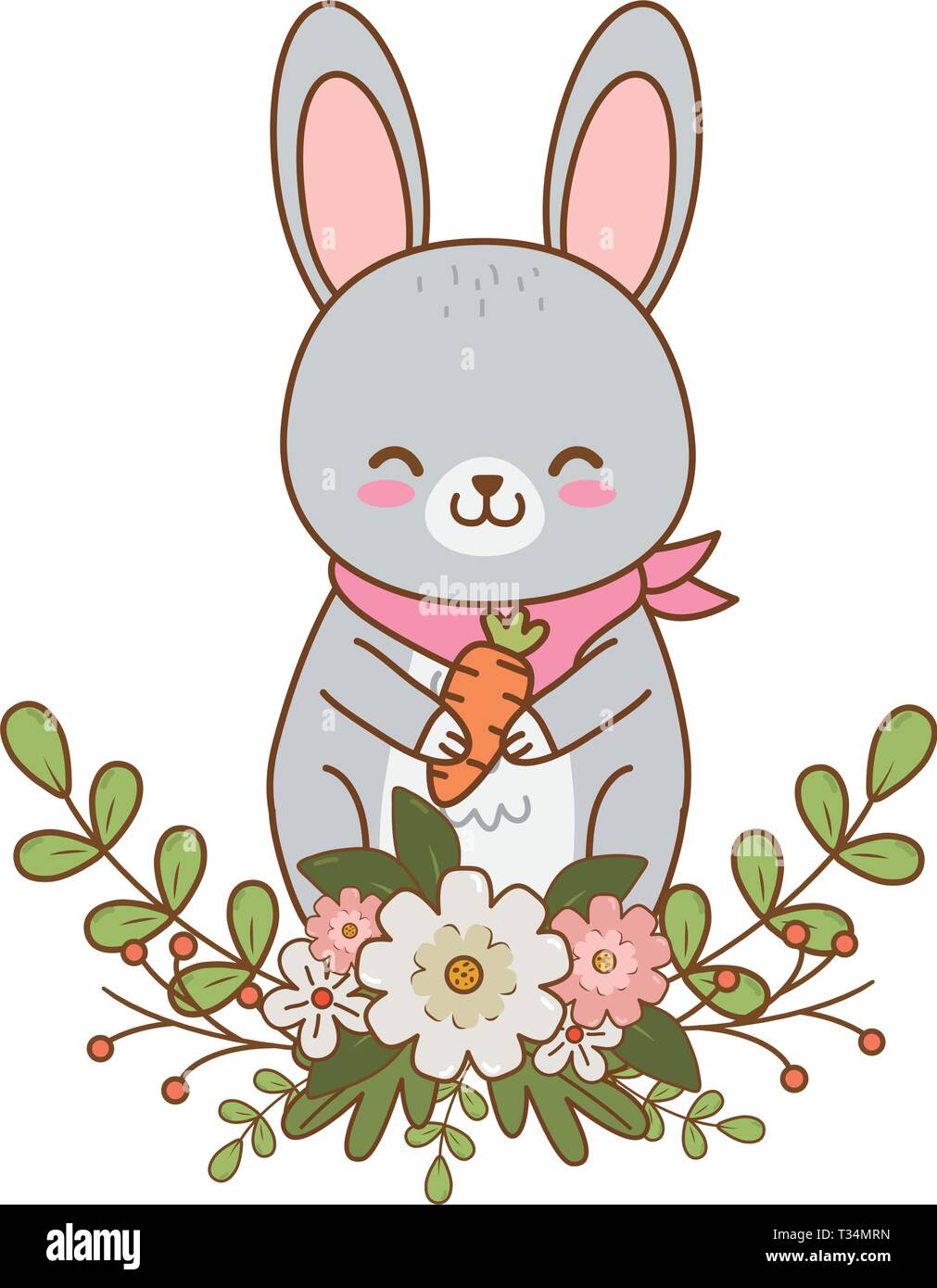 cute little animal rabbit bunny flowers frame cartoon vector ...