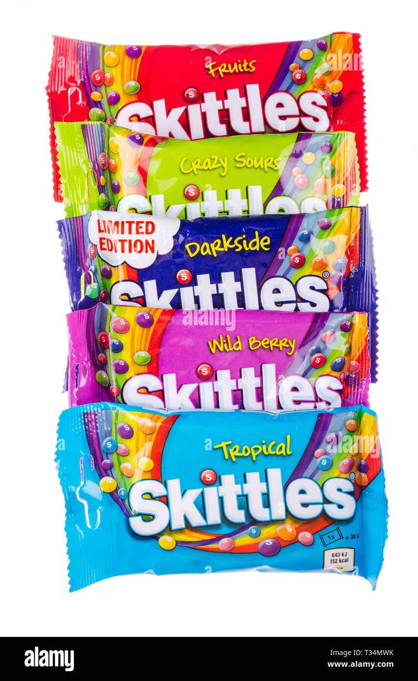 Skittles fruitflavoured candies isolated on white background Stock