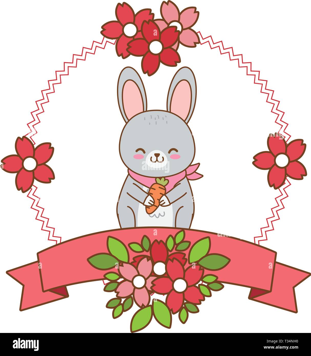cute little animal rabbit bunny ribbon banner cartoon vector ...