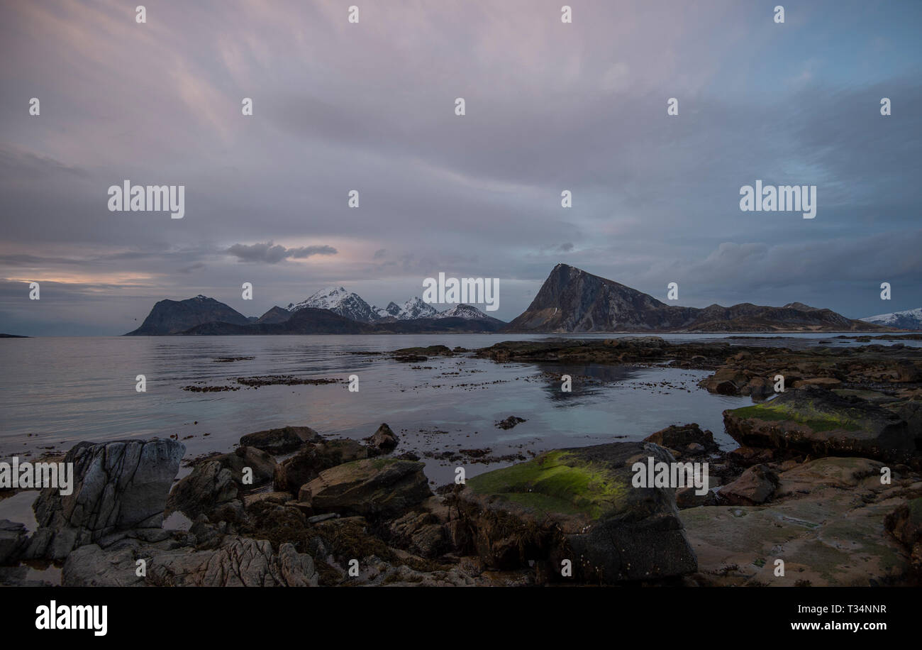 Landscape view from Sandnes, Flakstad, Lofoten, Nordland, Norway Stock Photo