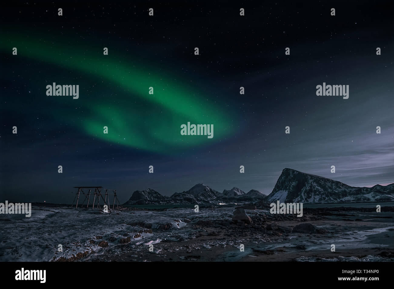 Northern lights, Sandnes, Flakstad, Lofoten, Nordland, Norway Stock Photo