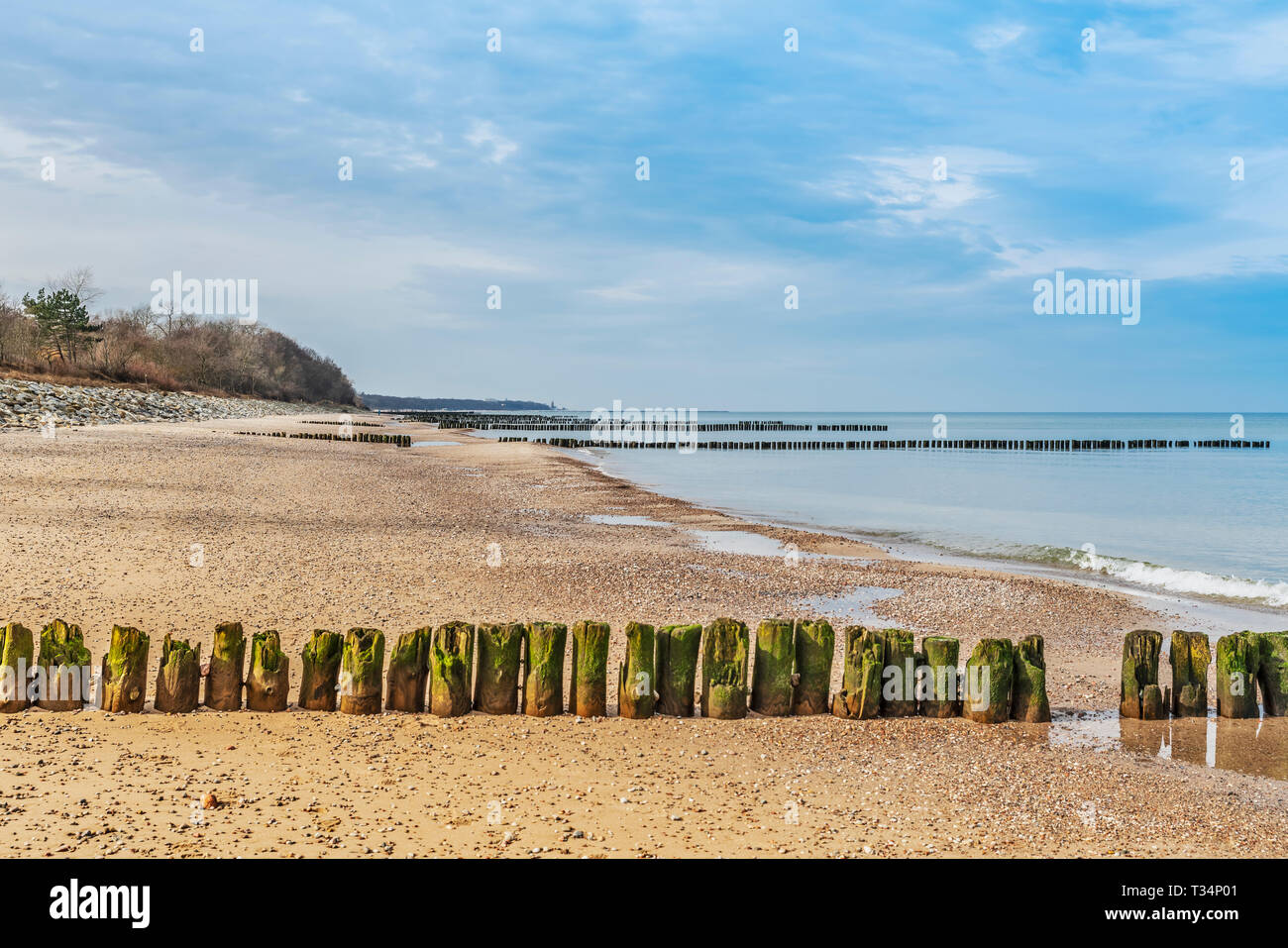 Old Groynes at the beach of the Baltic Sea near Kolobrzeg, West Pomeranian, Poland, Europe Stock Photo