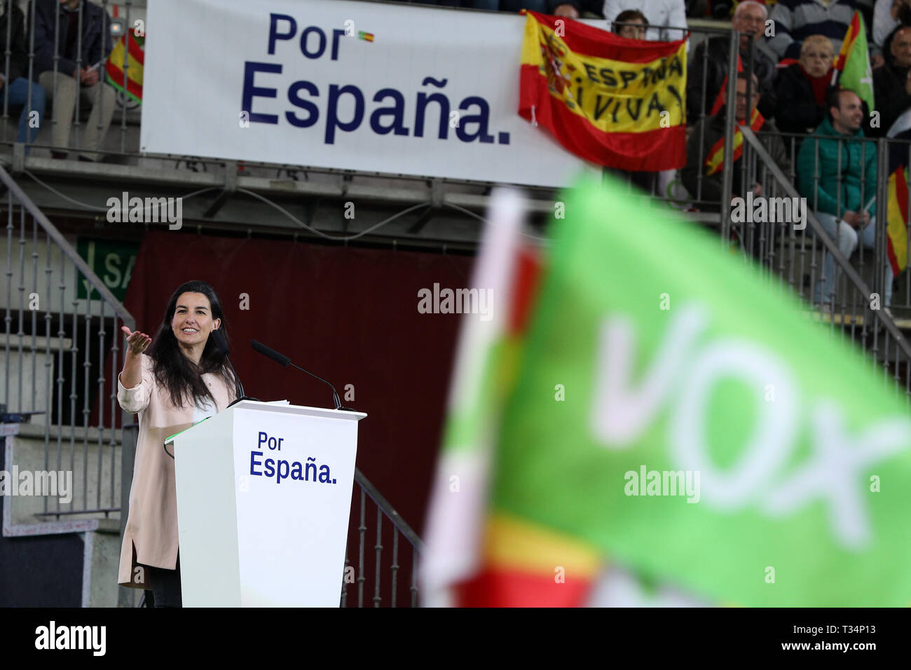 Rocio Monasterio seen speaking during the event. Vox presented its candidates the 'change' for the general elections on April 28, at a large public event in Leganés, which was attended by its leader, Santiago Abascal, the president of Vox Madrid, Rocío Monasterio, and the founder of the José Antonio Ortega Lara formation. Stock Photo