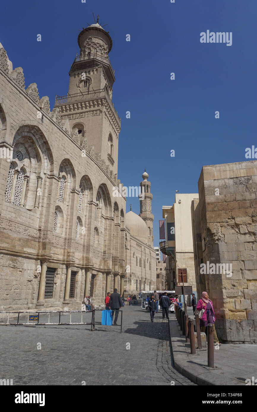 Cairo, Egypt: The Qalawun complex (c. 1285), on Muizz Street in the heart of Islamic Cairo District, includes a madrasa, a hospital and a mausoleum. Stock Photo