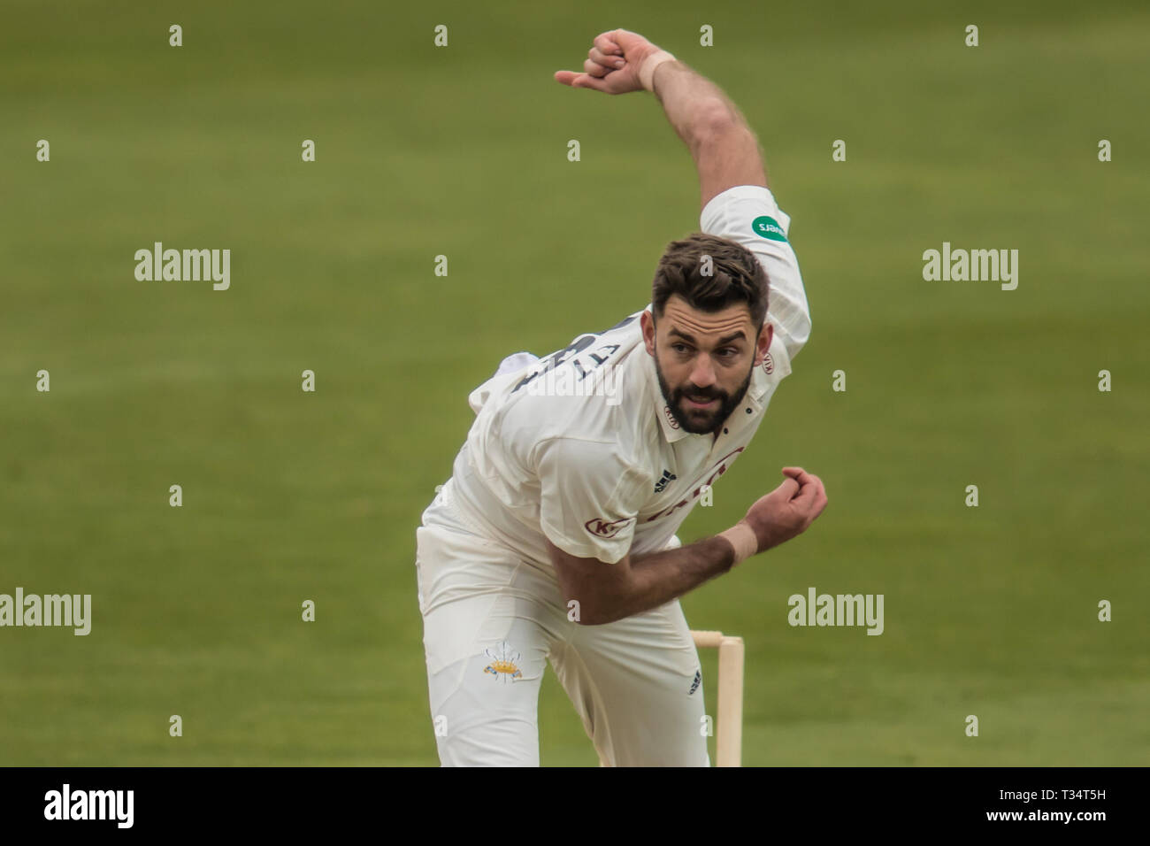 London, UK. 6th Apr, 2019. Liam Plunkett bowling for the first time for Surrey at the Oval as they take on Durham MCCU at the Kia Oval on day three of the 3 day match. Credit: David Rowe/Alamy Live News Stock Photo