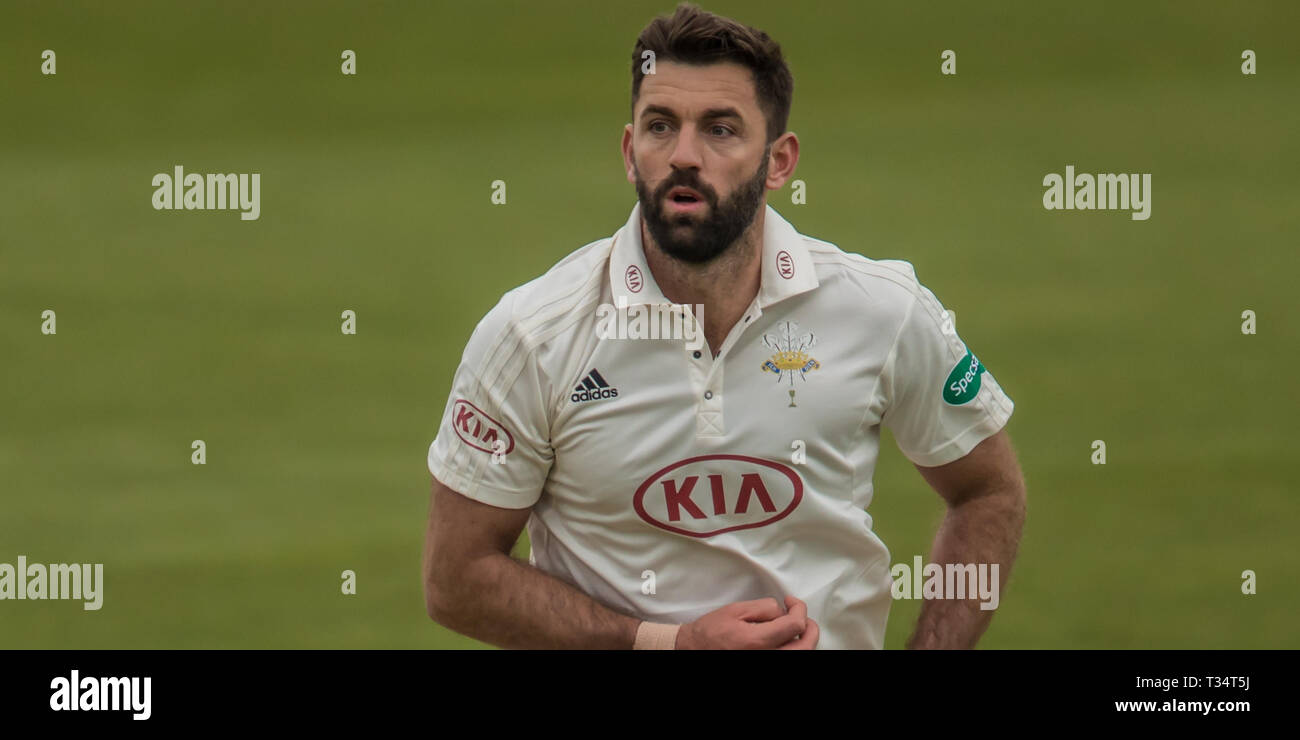 London, UK. 6th Apr, 2019. Liam Plunkett bowling for the first time for Surrey at the Oval as they take on Durham MCCU at the Kia Oval on day three of the 3 day match. Credit: David Rowe/Alamy Live News Stock Photo