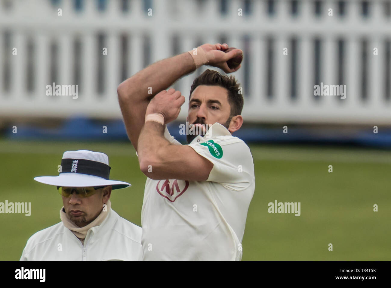 London, UK. 6th Apr, 2019. Liam Plunkett bowling for the first time for Surrey at the Oval as they take on Durham MCCU at the Kia Oval on day three of the 3 day match. Credit: David Rowe/Alamy Live News Stock Photo