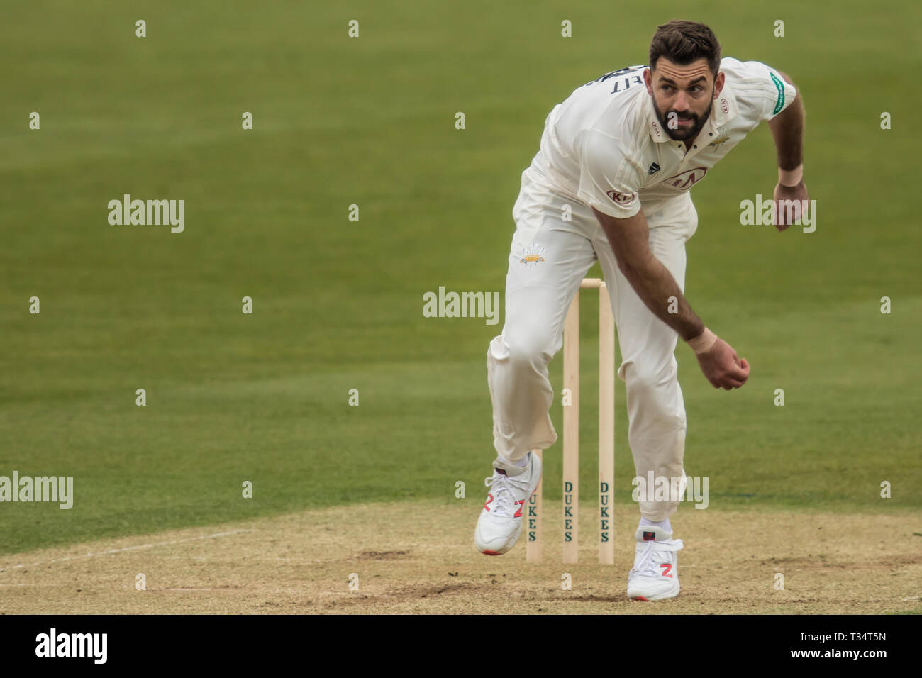 London, UK. 6th Apr, 2019. Liam Plunkett bowling for the first time for Surrey at the Oval as they take on Durham MCCU at the Kia Oval on day three of the 3 day match. Credit: David Rowe/Alamy Live News Stock Photo