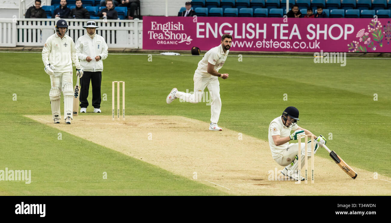 London,UK. 6 April, 2019.  Tom Powe takes one on the helmet off the bowling of Liam Plunkett as Surrey take on Durham MCCU at the Kia Oval on day three of the 3 day match. David Rowe/Alamy Live News Stock Photo